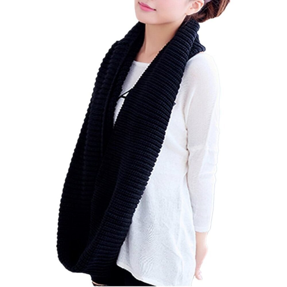 Women's Black Thick Ribbed Knit Winter Infinity Circle Loop Scarf - Picture 3 of 5